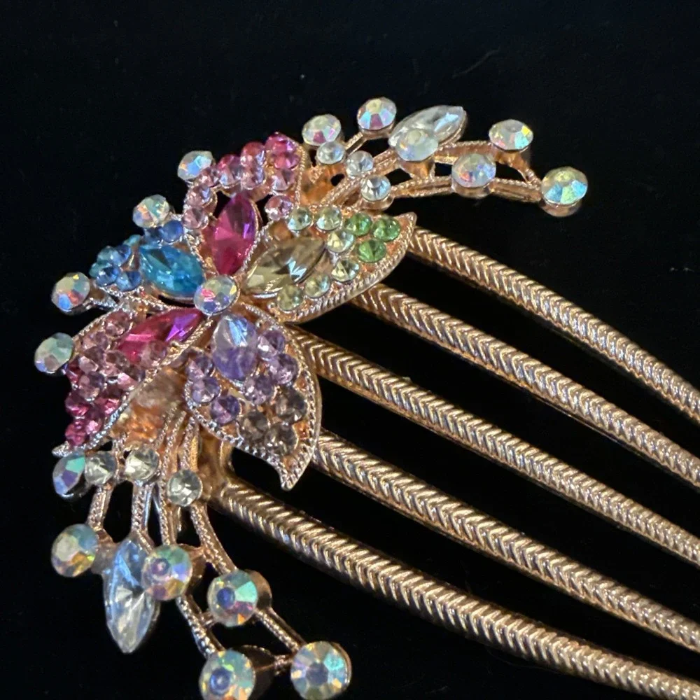 Vintage Style Decorative Floral Hair Comb‎ InLaid With Colorful Rhinestones Boho